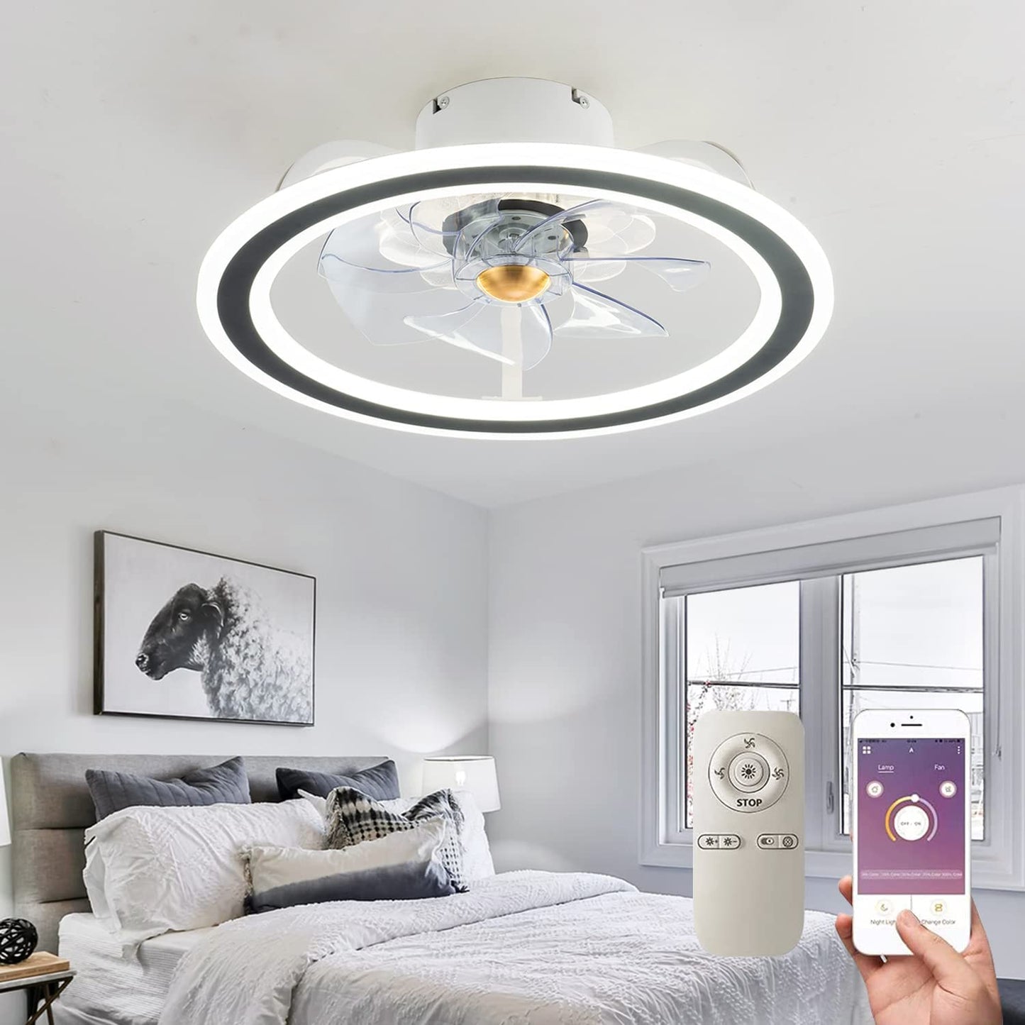 EKIZNSN Modern Indoor Flush Mount Ceiling Fan with Lights, Remote & APP Control Low Profile Bladeless Ceiling Fans for Kids Room/ Bedroom/ Living Room, Matte White