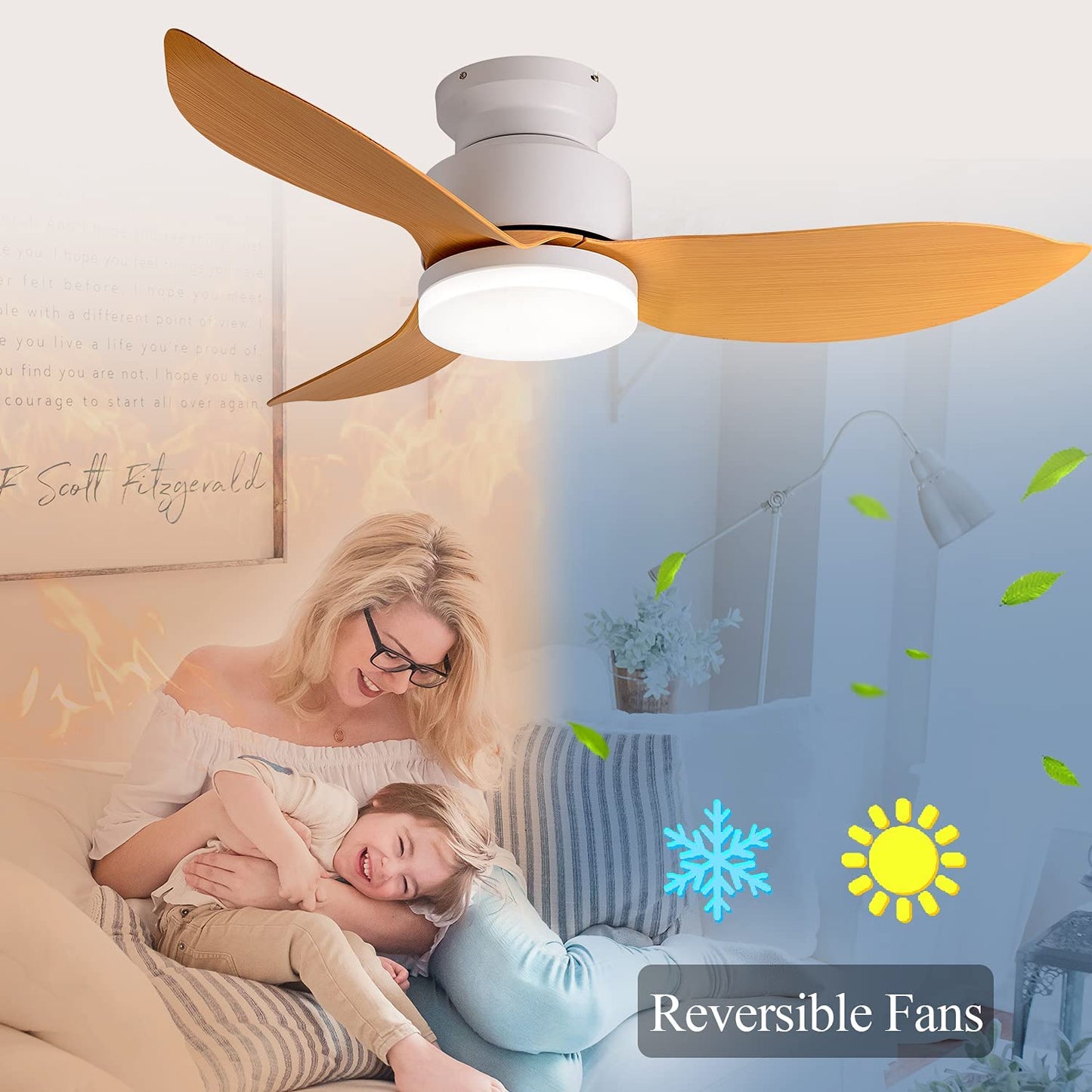 46'' Modern Small Flush Mount Ceiling Fan with Light and Remote, Low Profile Ceiling Fans with 3 Blades for Living Room/ Bedroom, Matte Black