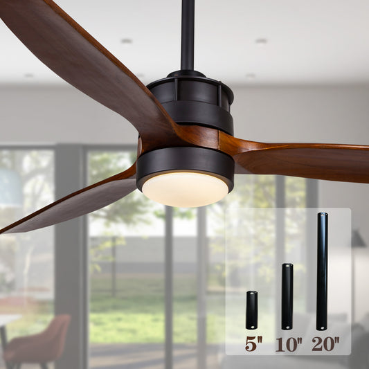 52 Inch Outdoor Black Ceiling Fan with Lights and Remote Control for Farmhouse/ Patios, 3 Walnut Wood Blades, 3 Downrod Included