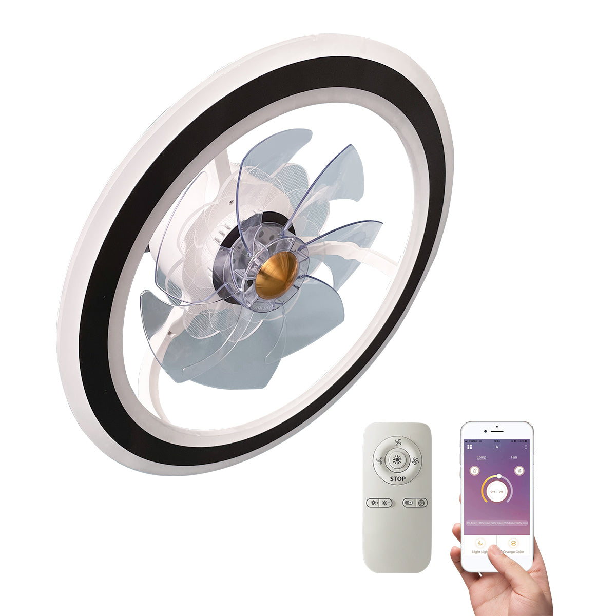 EKIZNSN Modern Indoor Flush Mount Ceiling Fan with Lights, Remote & APP Control Low Profile Bladeless Ceiling Fans for Kids Room/ Bedroom/ Living Room, Matte White