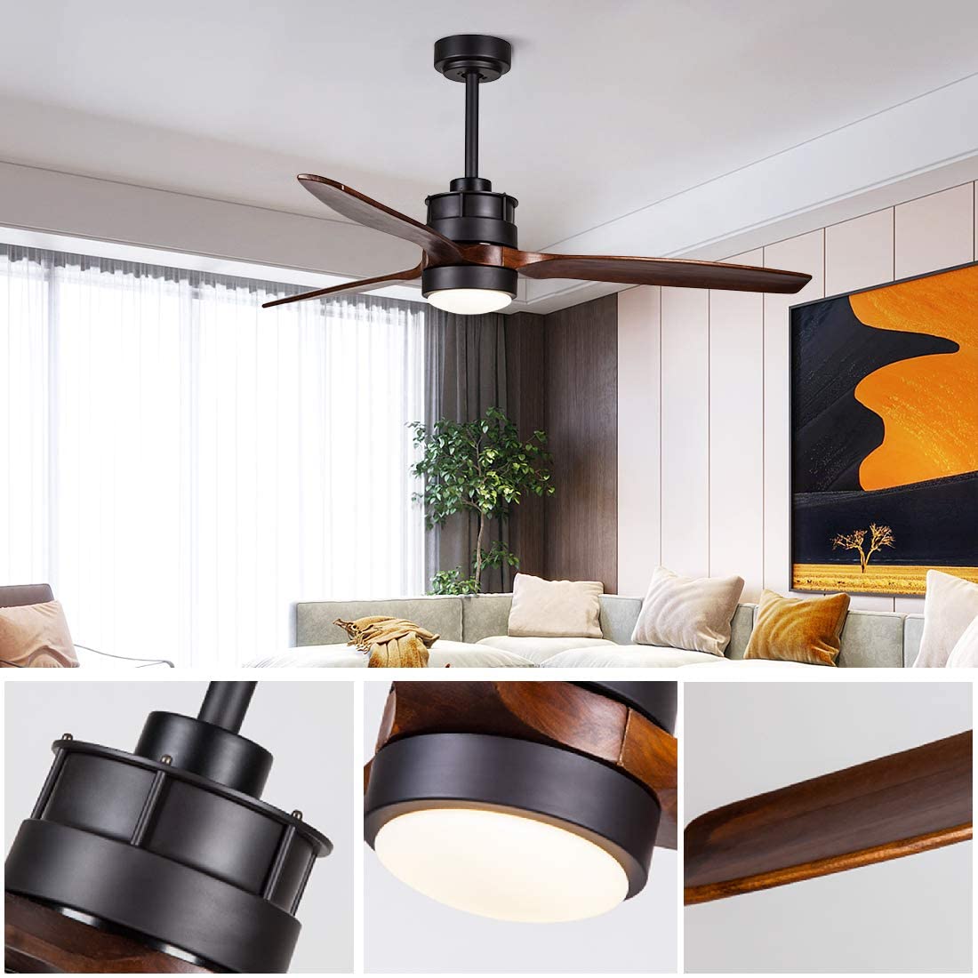 52 Inch Outdoor Black Ceiling Fan with Lights and Remote Control